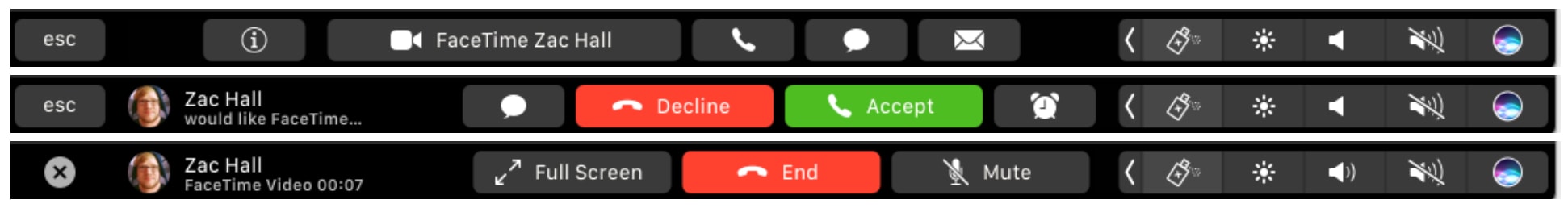 Приложение «Контактов» отображает ссылки для быстрого добавления номера, почтового адреса, дня рождения, адреса; отправки сообщения и осуществления звонка. Туда же относится и аудио-видео мессенджер Apple FaceTime — он отображает на Touch Bar ответ и отмену звонка, фотографию контакта, выключение звука и другие команды